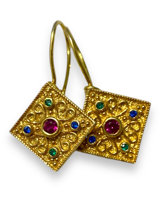 Byzantine, Red Stone Gold Earrings