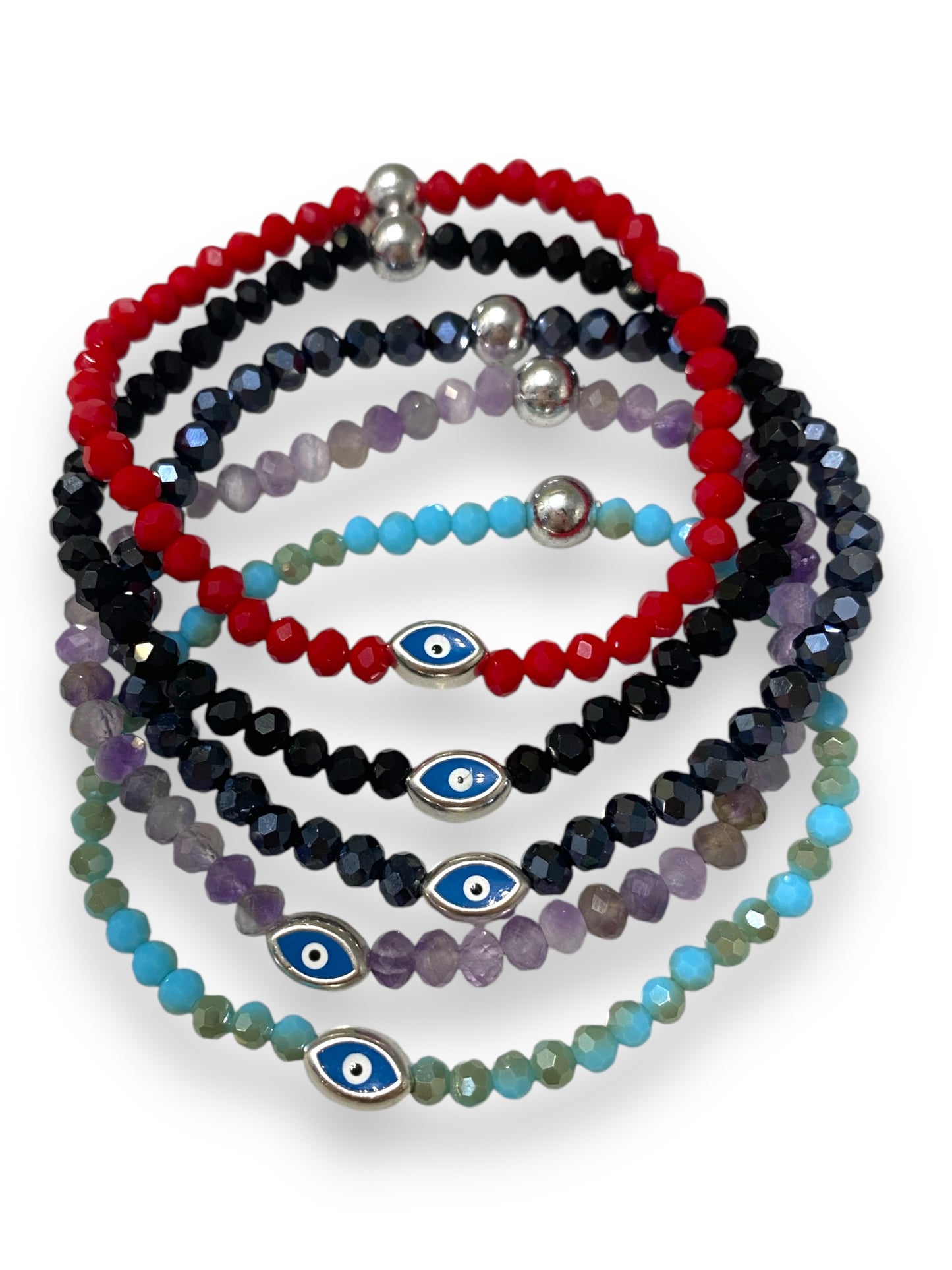 Krystallo, Mini Evil Eye Glass Bead Bracelet Silver