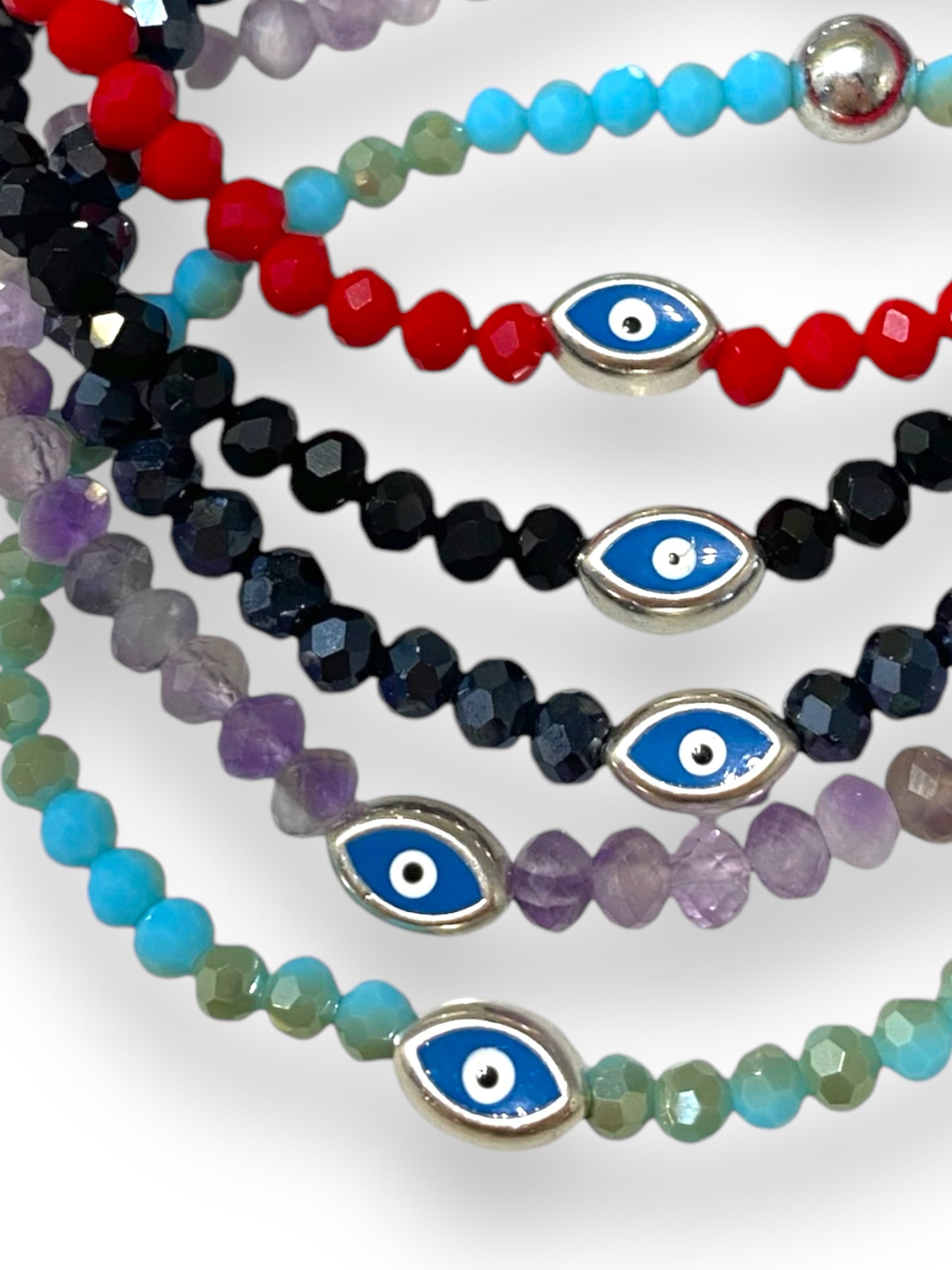 Krystallo, Mini Evil Eye Glass Bead Bracelet Silver