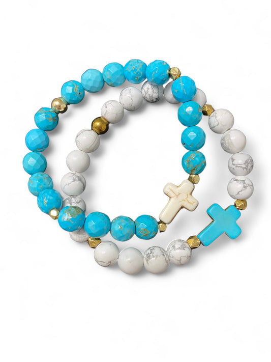 Santorini Large, White & Turquoise Cross Bracelet