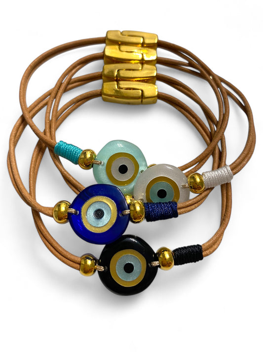 Cycladic Eye Leather,Round Evil Eye Bracelet with Leather